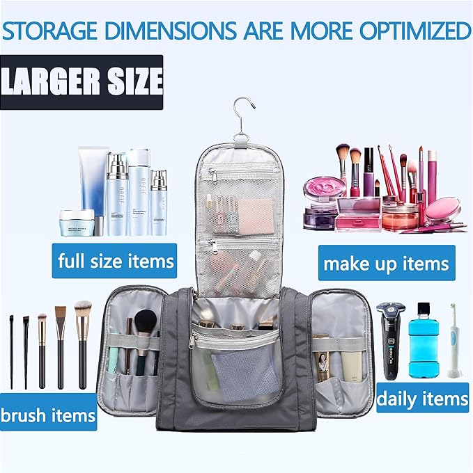 Hanging Travel Toiletry Bag for Men and Women with Metal Swivel Hook, Large Travel Makeup Organizer for Full Sized Cosmetics and Toiletries, Water-Resistant Bathroom Toiletry Bags, Grey