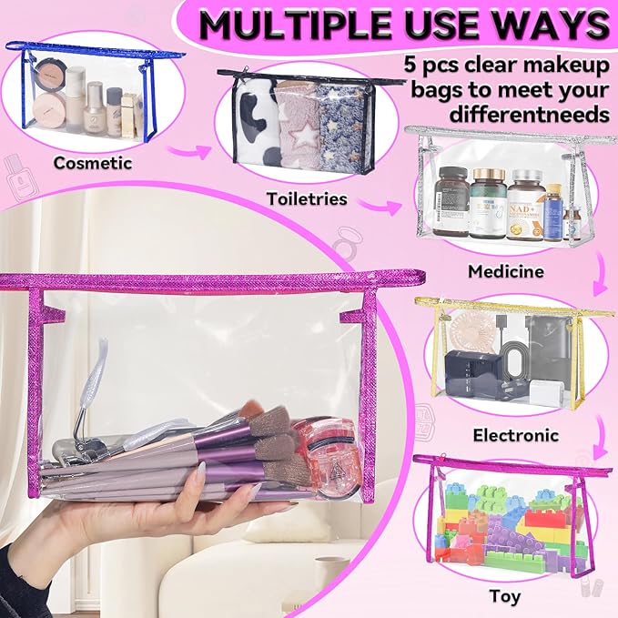 YedsIntu 5 Pack Clear Cosmetic Bags Makeup Bags Set Waterproof PVC Clear Toiletry Bag with Zipper, Makeup Organizer Storage Pouches Fit Carry-on Travel Essentials