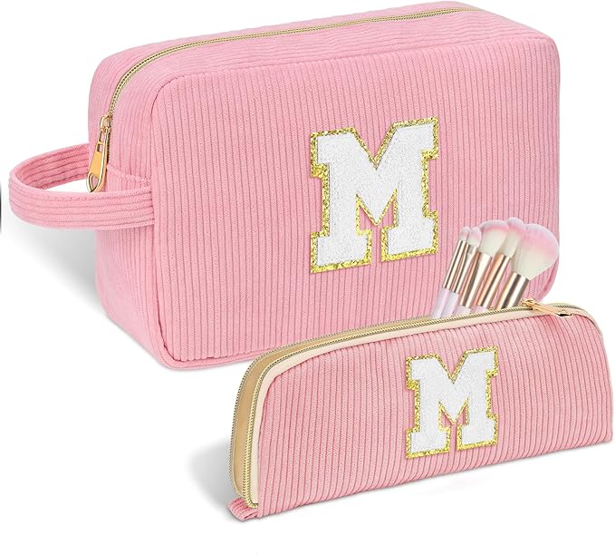 Sernaxi Personalized Initial Makeup Bag Trendy Stuff Corduroy Cosmetic Bag Travel Toiletry Bag, Valentine’s Day Gift Makeup Organizer Case & Makeup Pouch for Women teen Girls Mom Girlfriend Wife