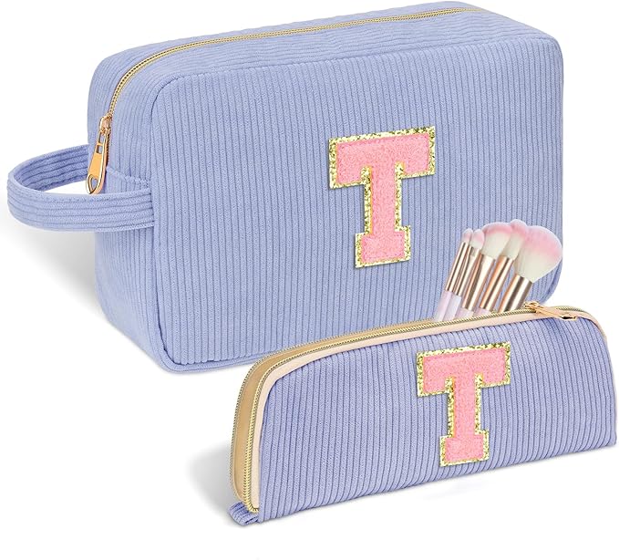 Sernaxi Personalized Initial Makeup Bag Trendy Stuff Corduroy Cosmetic Bag Travel Toiletry Bag, Valentine’s Day Gift Makeup Organizer Case & Makeup Pouch for Women Teen Girls Mom Girlfriend Wife