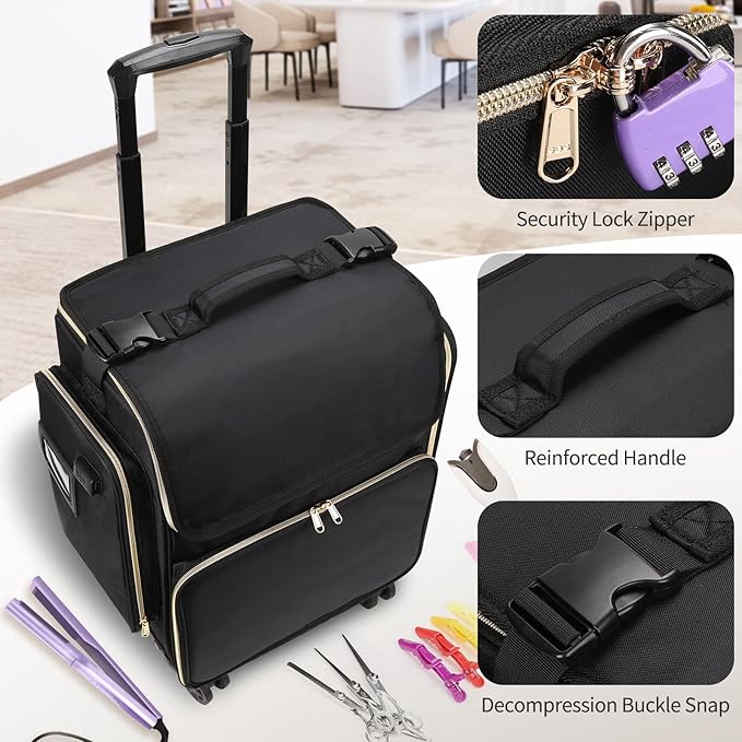 Large Makeup Train Case for Hairstylists & Hairdressers - Cosmetic Organizer with Detachable Pouch, Heat-Insulated & Anti-Scald Full Layer, Hairdressing Tool Storage Trolley with 4 360 Swivel Wheels