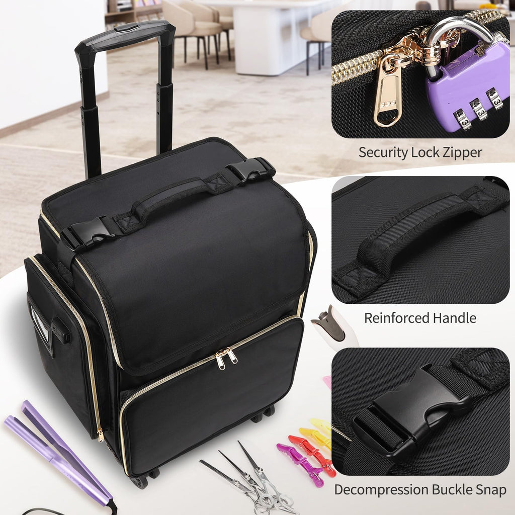 Large Makeup Train Case for Hairstylists & Hairdressers - Cosmetic Organizer with Detachable Pouch, Heat-Insulated & Anti-Scald Full Layer, Hairdressing Tool Storage Trolley with 4 360 Swivel Wheels