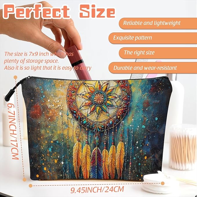Scribesense Cosmetic Bags Travel Makeup Toilet Case Waterproof Pouch for Women Girls 6.7X9.45inches - Ornate Dreamcatcher With Colorful Feathers And Beads