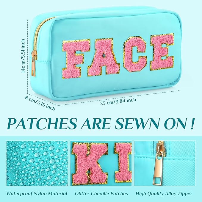 Remerry 4 Pcs Nylon Makeup Bags Waterproof Spacious Travel Cosmetic Bag for Women Chenille Letter Preppy Zipper Pouch Face Stuff Skin Hair Organizer Gift(Light Blue)