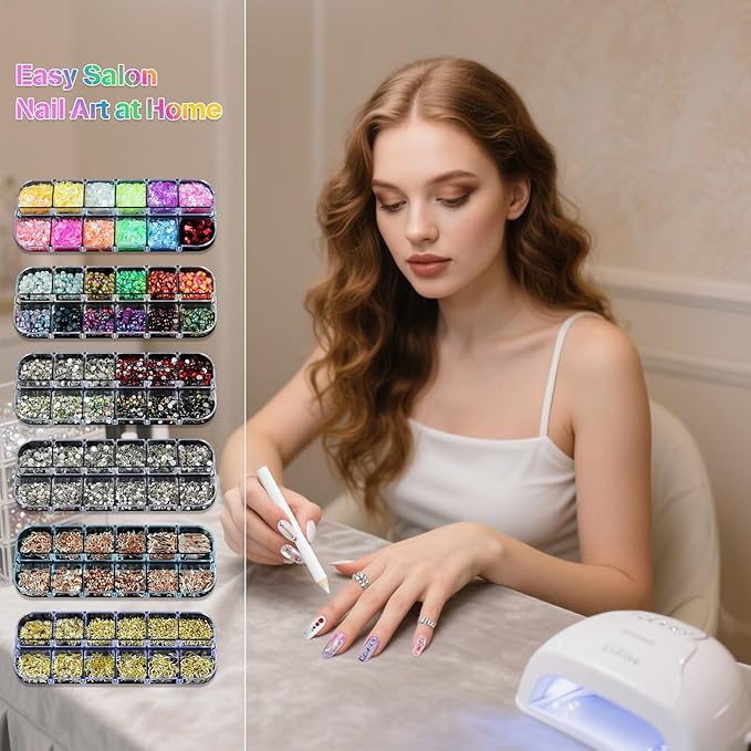 Artdone Nail Art Glitter Studs Kit, 6 Boxes Multicolor and Design 3D Charms with 15 Sheets Gold Nail Stickers, Diamond Cute Nail Jewels for DIY Decoration with Pickup Tools