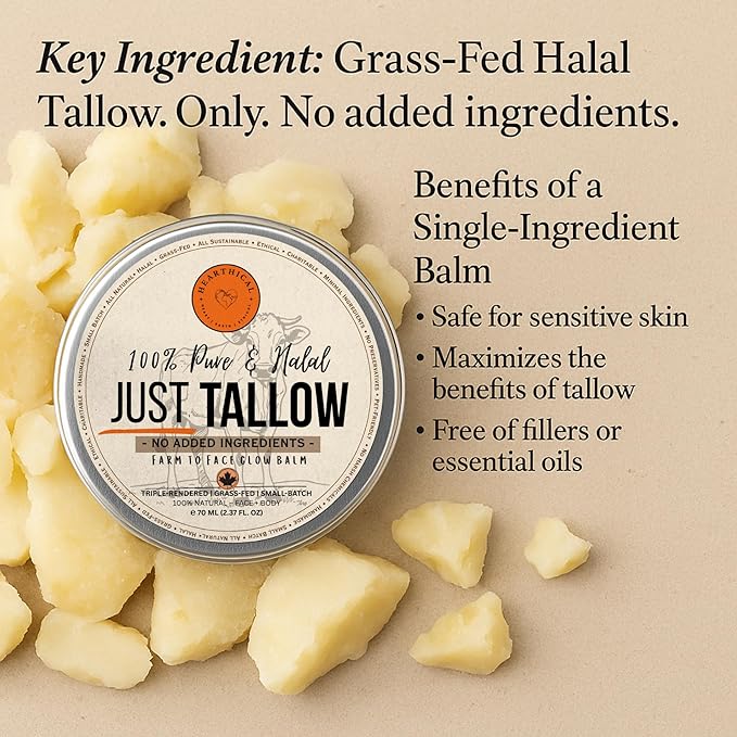 Hearthical JUST Tallow - No Added Ingredient - 70 g Halal Grass Fed Beef Tallow For Skin - Organic Beef Tallow Moisturizer – Beef Tallow Face Moisturizer & Beef Tallow Balm For Face – Unscented
