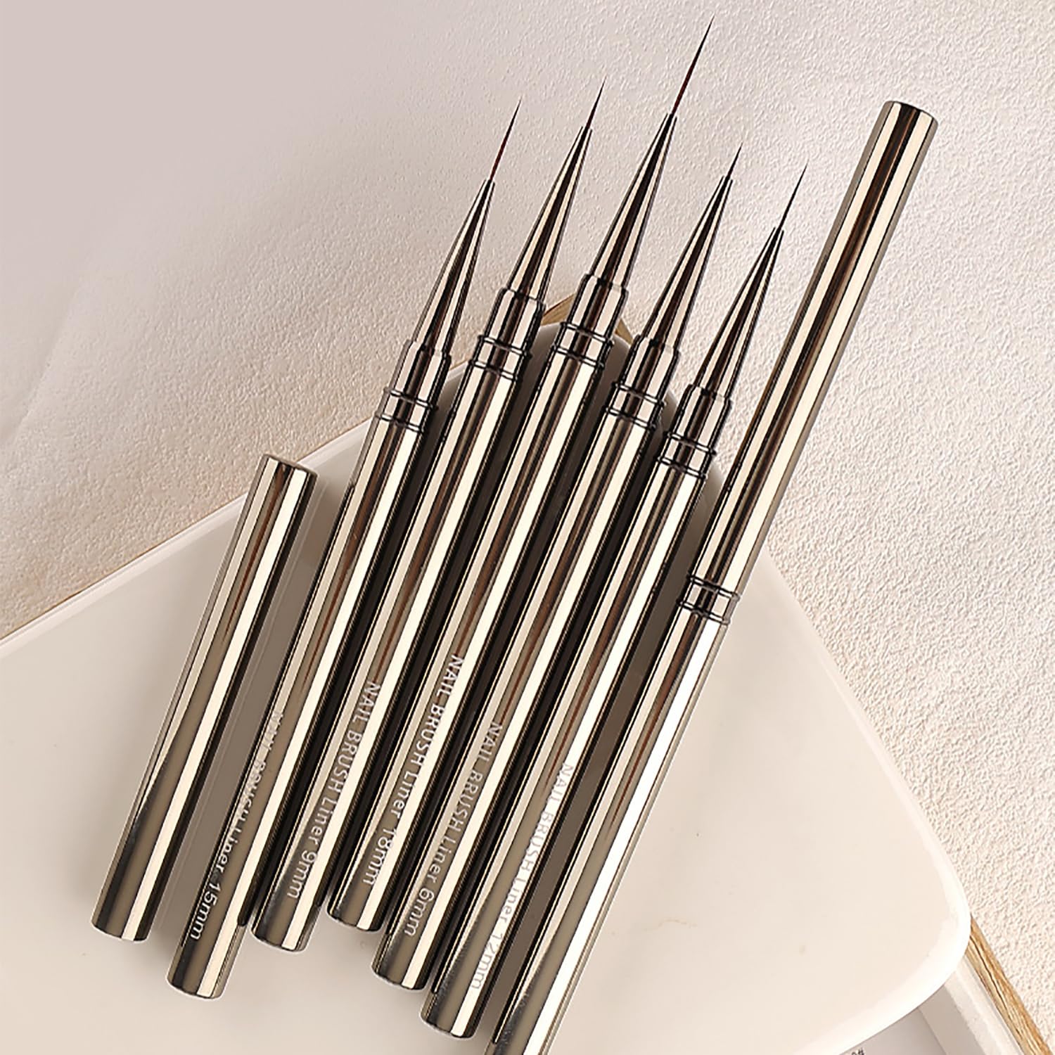 WOKOTO 5Pcs Liner Nail Art Brushes For Acrylic Nails Liner Brushes For Nails Champagne Handles Mix-Size 6mm 9mm 12mm 15mm 18mm Liner Nail Brushes Kit Thin Detail Nail Polish Detail Brushes Set
