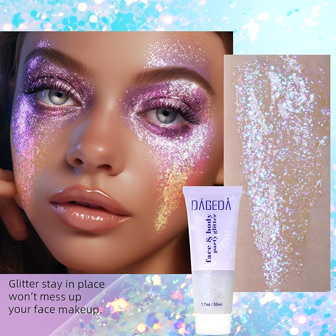 DAGEDA Mystic Purple Body Glitter Gel, Sparkly Hair Face Glitter Makeup