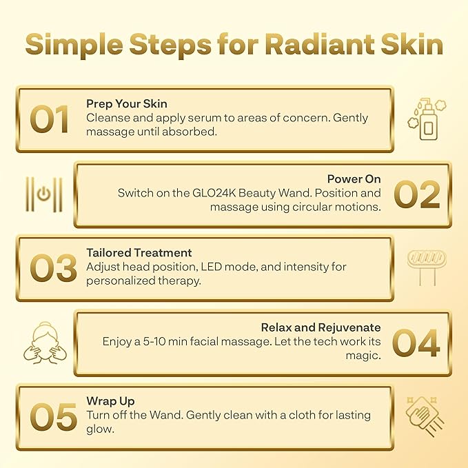 GLO24K 6-in-1 LED Beauty Wand for Face, Neck and Eye Area - Red & Blue LED Facial Wand with Gentle Warming, Vibration, Microcurrent Mode and 3 Intensity Levels