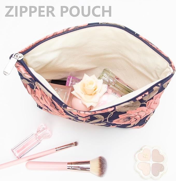 Flat Makeup Bag for Women,Zipper Cosmetic Pouch for Purse,Rose Black Blue