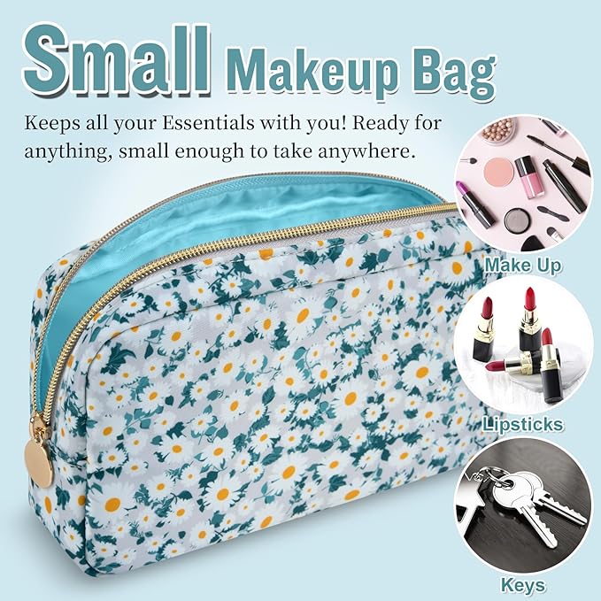 Nylon Small Floral Makeup Bag for Purse, Cute Preppy Makeup Bag Flower Cosmetic Zipper Pouch Purse, Waterproof Portable Travel Toiletry Makeup Brush Coin Pouch Organizer Storage for Women(Green-Daisy)