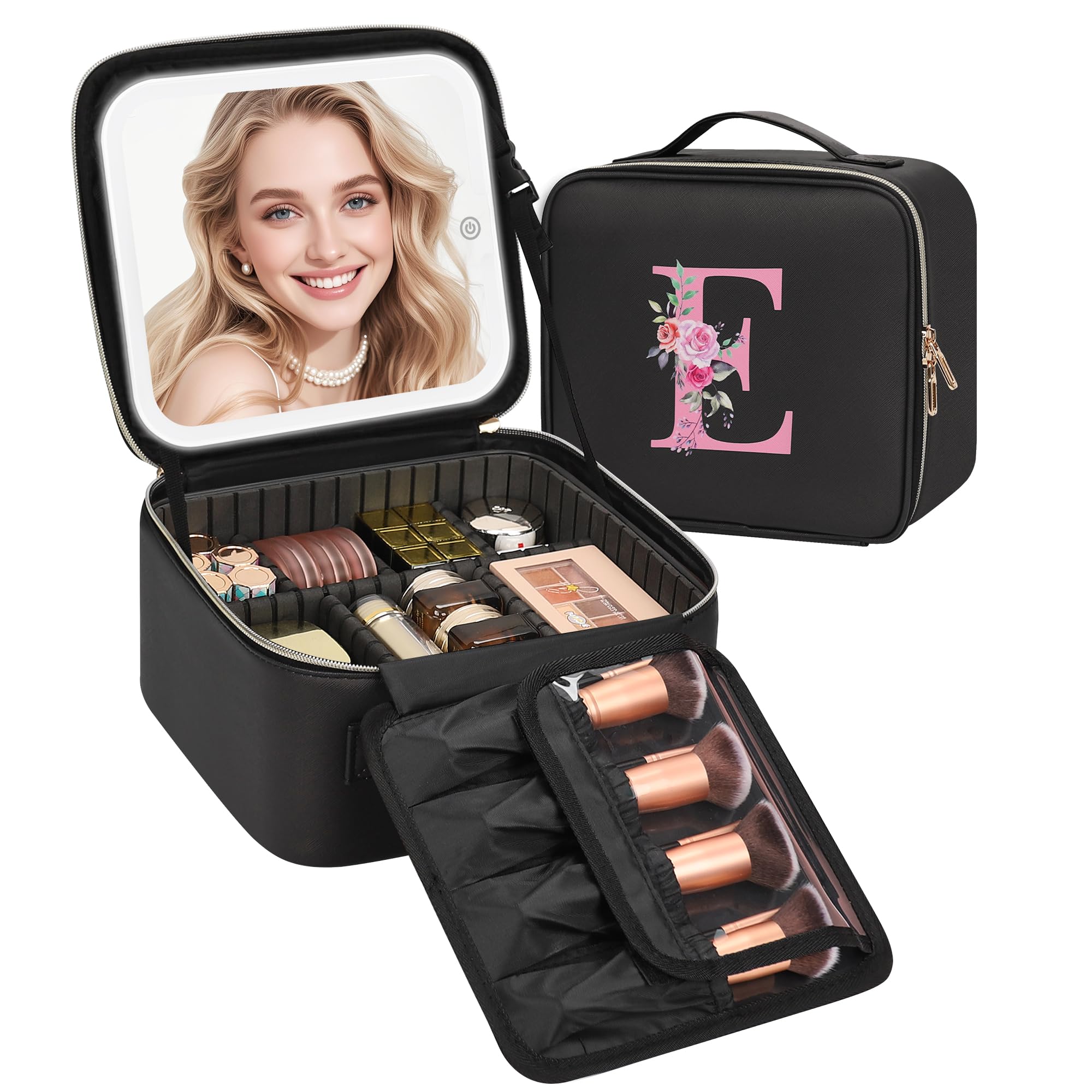 Relavel Initial Makeup Bag with LED Mirror for Women Girls, Personalized Travel Cosmetic Organizer Train Case, Birthday Gifts for Grandkids Bridesmaid Graduation Teacher Friends, Trendy Stuff, Black E