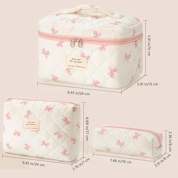 HBselect Quilted Makeup Bag, 3Pcs Cotton Large Travel Makeup Bags Organizer