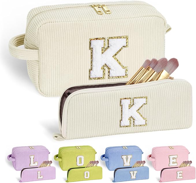 YOOLIFE Travel Cosmetic Bags for Women - 7 8 9 10 11 12 13 14 15 Year Old Girl Birthday Gift Corduroy Makeup Bag Bridesmaid Proposal Gifts Girlfriend Wife Sister Gifts for Women Girls Letter K