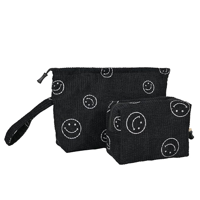 ZOEMTIU Small Cosmetic Bag set for Women Corduroy Makeup Bag with Interior Pocketes Cute Corduroy Makeup Pouches Women Small Toiletry Bag (Black Smile)