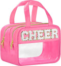 BuyCard Cheer Chenille Letter Bags Clear Makeup Bag for Travel, Cheerleader Gifts Cosmetic Bag with Handles and Zipper, Nylon & PVC Waterproof Large Cheer Accessories Toiletry Bag for Women