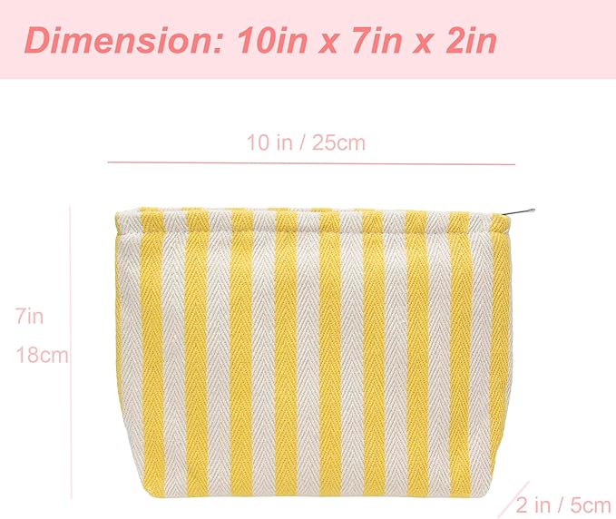 Flat Makeup Bag for Women,Zipper Cosmetic Pouch for Purse,Stripe Yellow