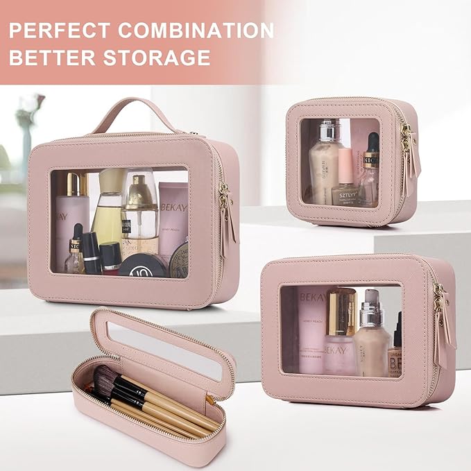 Pinkmik Clear Makeup Bag Waterproof Travel Case for Cosmetics and Toiletries Women's Purse Organizer and Clear Car Bag with Zipper (Pink, L+M+MINI)