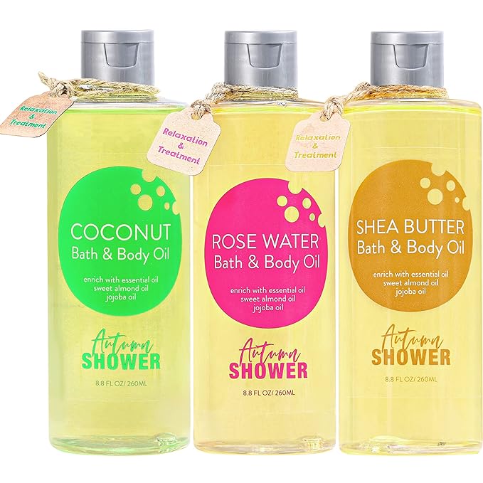 Autumn Shower Bath and Body Oil with Sweet Almond Jojoba, Shea Butter, Rose Water, Coconut Bath Oils Mother's Day Gift for Women, Multiuse Oil for Hair Dry Skin 26.4 fl oz (Pack of 3)