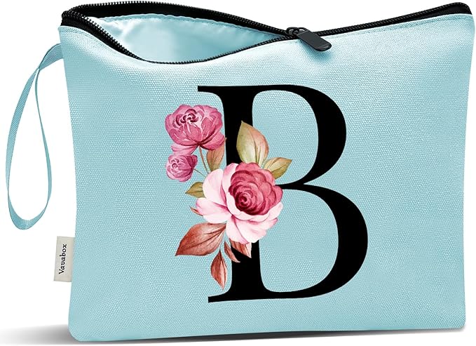 Vavabox A-Z Personalized Makeup Bag, Birthday Gifts for Women Mom, Gifts for Best Friend, Bride Bridesmaid Cosmetic bag (B, Aqua)