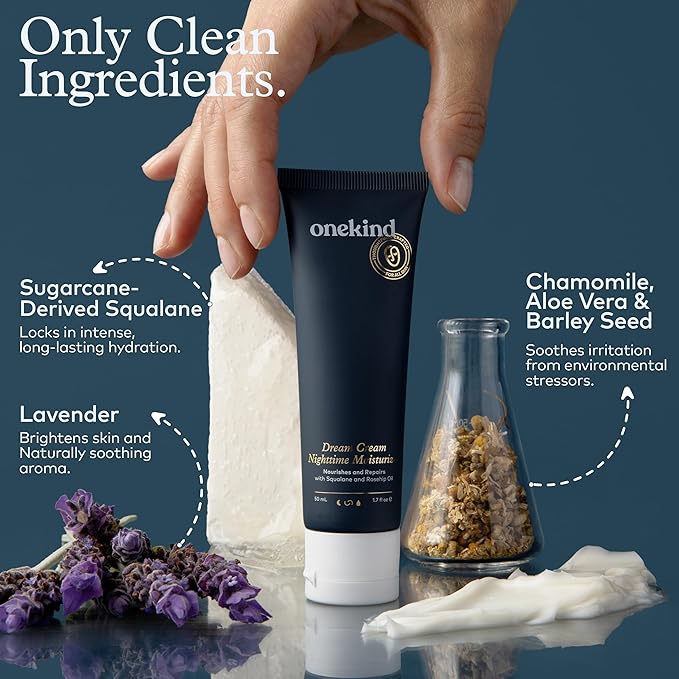 Onekind Night Moisturizer for Face, Hydrating Dream Cream for Wrinkles, Night Cream for Women Anti Aging with Squalane, Rosehip & Shea Butter for Dry & Sensitive Skin – 1.7 oz