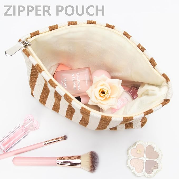 Flat Makeup Bag for Women,Zipper Cosmetic Pouch for Purse,Stripe Coffee