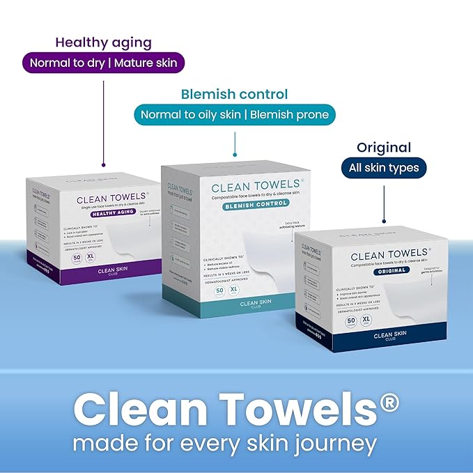Clean Skin Club Clean Towels XL® Supreme, 100% USDA Biobased Face Towel, Disposable Face Towelette, Eczema Association Accepted, Thicker Textured Dry Wipes, Ultra Absorbent & Soft, 1 Pack, 50 Ct