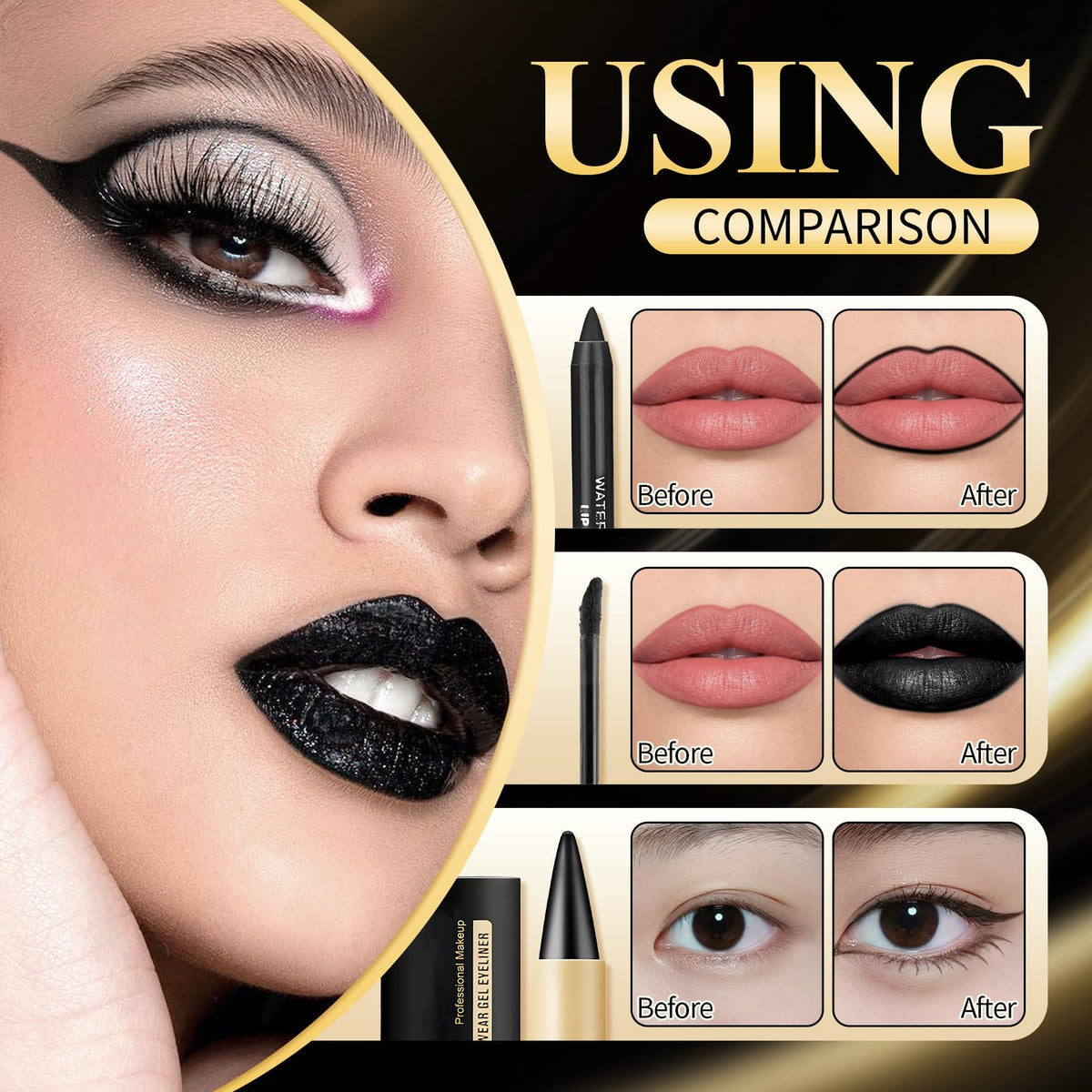 UAOE Black Lipstick Halloween Black Lip Liner Gel Eyeliner Pencil