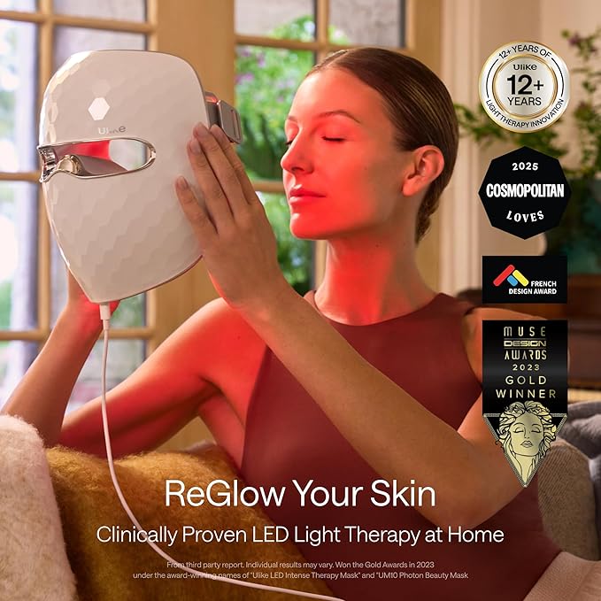 Ulike ReGlow LED Face Mask, Red Light Therapy for Face, Red, Blue, Yellow & Infrared Light Therapy for Acne & Anti-Ageing, Cordless, Remote Control, Eye Protection, Home Skincare Device for Women Wife