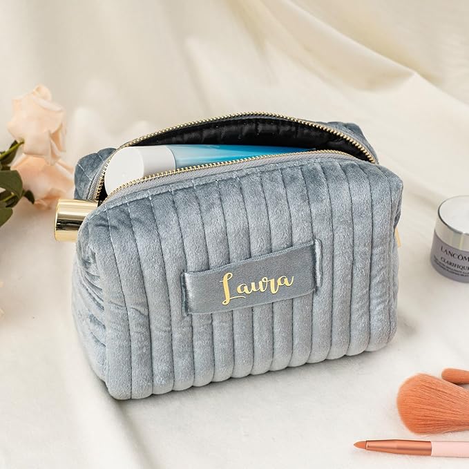 Snirov Personalized Makeup Bag, Velvet Custom Name Travel Makeup Bag with Zipper for Women Teen Girls Birthday Gifts Mothers Day Gifts for Mom