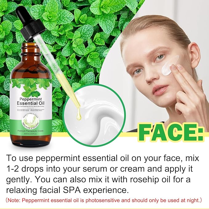 Akeeronn Peppermint Essential Oil 60ml, Natural Peppermint Oil for Hair Growth & Dandruff Removal - Perfect for Aromatherapy, Scalp and Body Massage, Refreshes, 2.02 fl.oz