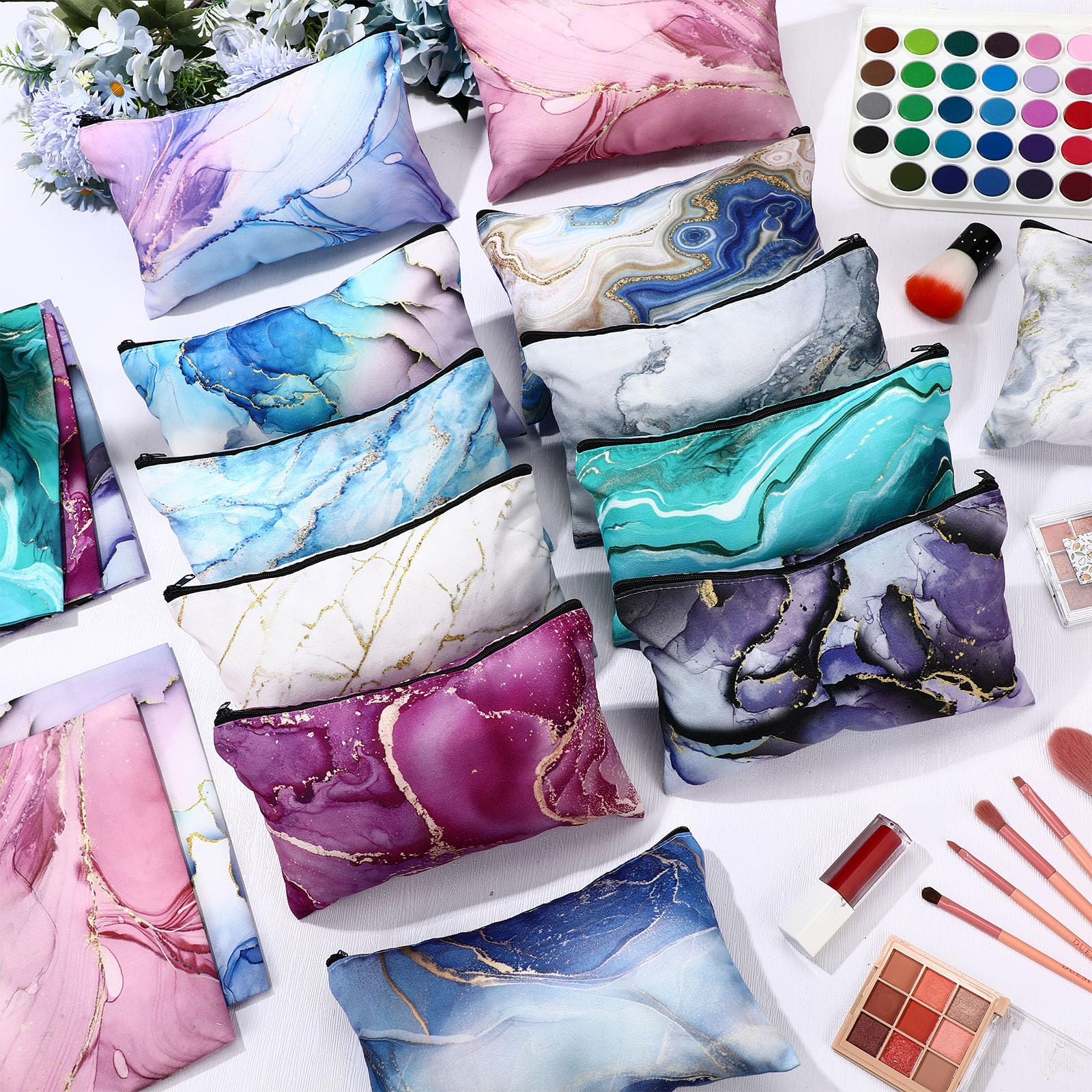 Hillban 36 Pcs Marble Makeup Bags Marble Gifts Cosmetic Bags for Women Travel Toiletry Pouch with Zipper Portable Organizer Pouch for Cosmetics Makeup Brushes, 12 Styles