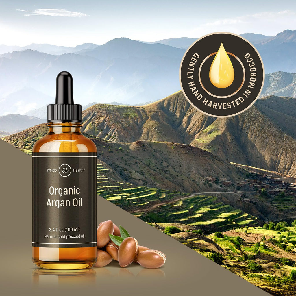 Organic Argan Oil Cold Pressed 3.4 Fl Oz - Moroccan Beauty Oil for Hair, Skin, Nails & Face, Vitamin E Rich, Non-Greasy, Natural Moisturizer