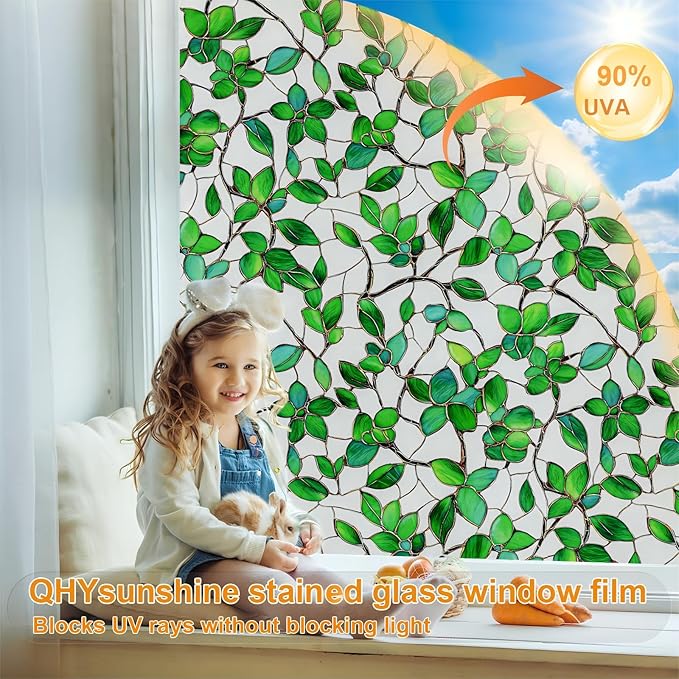 Window Privacy Film Stained Glass Window Film Frosted Window Film Window clings Non-Adhesive Reusable Decorative for Home Removable(Green Frosted, 17.5 X 157.4 in)