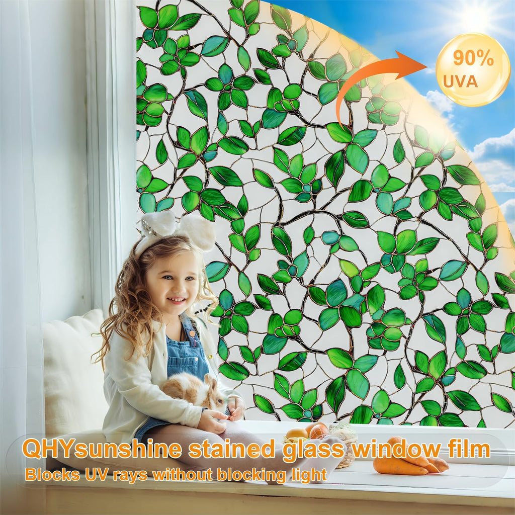 QHYsunshine Window Privacy Film Stained Glass Window Film Frosted Window Film Window clings Non-Adhesive Reusable Decorative for Home Removable(Green Frosted, 17.5 X 157.4 in)