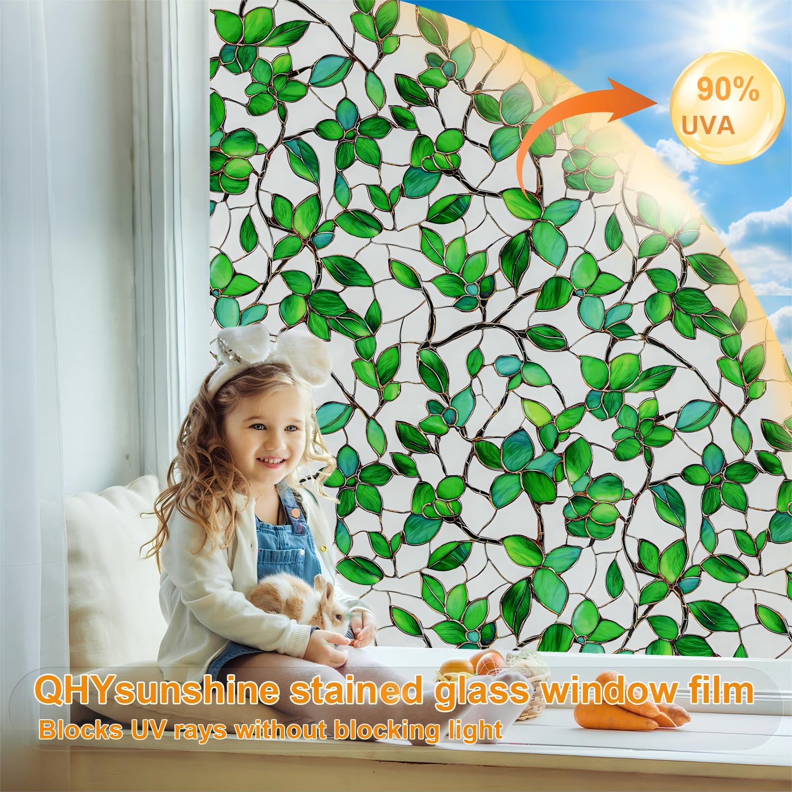 QHYsunshine Window Privacy Film Stained Glass Window Film Frosted Window Film Window clings Non-Adhesive Reusable Decorative for Home Removable(Green Frosted, 17.5 X 157.4 in)