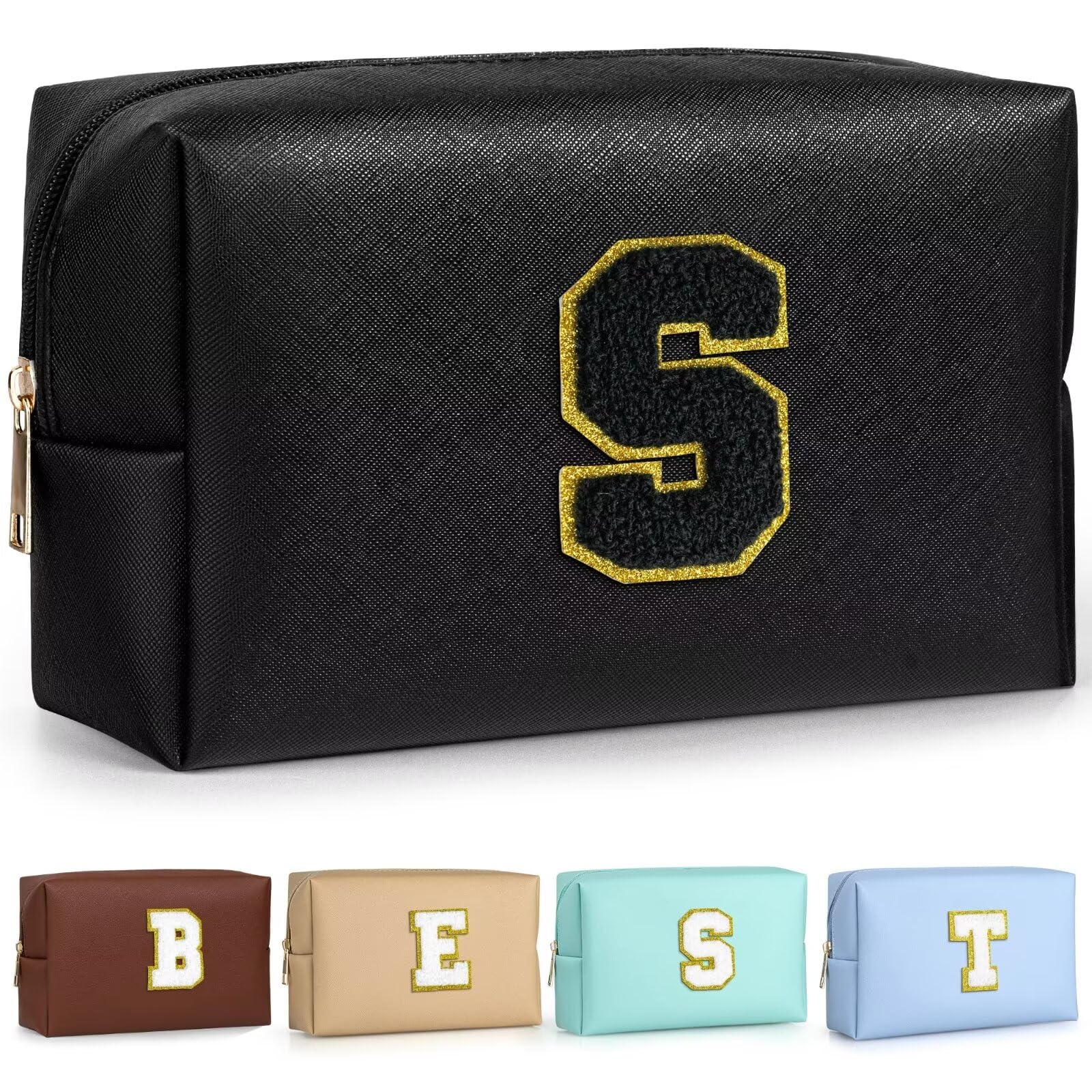 TOPEAST Birthday Gifts for Girls, Travel Makeup Bag Chenille Letter Pouch Cosmetic Bag, Makeup Travel Organizer, Monogrammed Bridesmaid Gifts for Women, Cute Stuff for Girls (Black J) — S