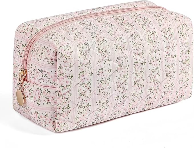 OIMEI Floral Quilted Cotton Makeup Bag for Women, Large Capacity Travel Cosmetic Pouch with Zipper, Cute Toiletry & Brush Organizer, Kawaii Makeup Storage Case – Pink Floral