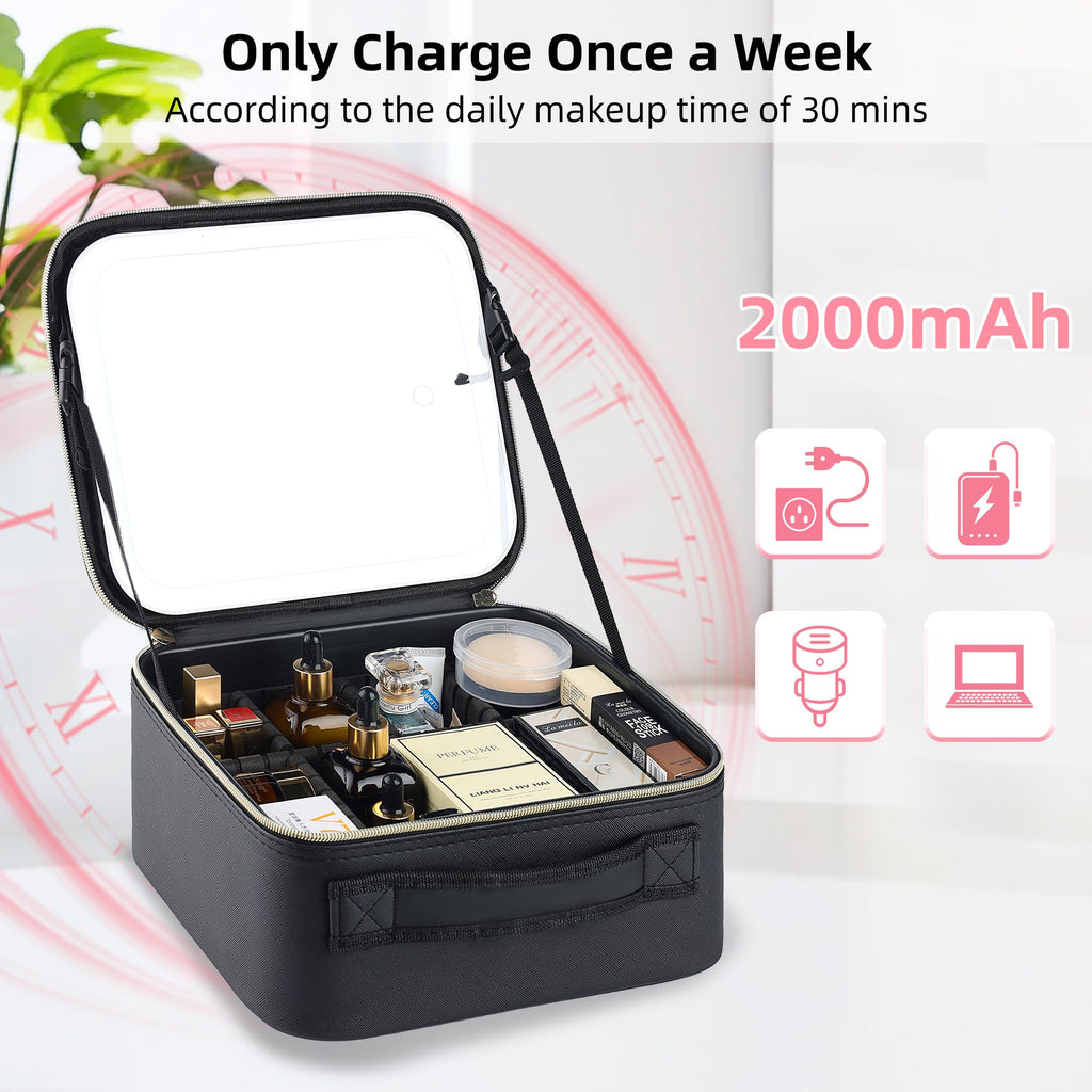 ZhenGuiRu Travel Makeup Bag with LED Mirror – Waterproof Cosmetic Train Case with Adjustable Dividers, Portable Makeup Organizer and Toiletry Bag for Women, Teens & Girls Gift, Black