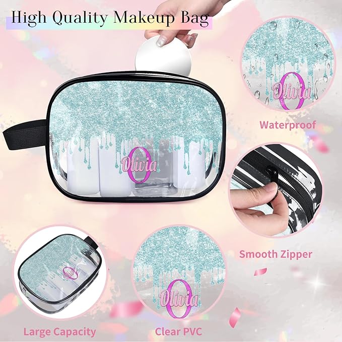 KFNHN Custom Clear Makeup Toiletry Bag, Personalized Travel Cosmetic Organizer Case Portable Bag with Zipper, Lavender Purple, Light Blue Curtain Glittering