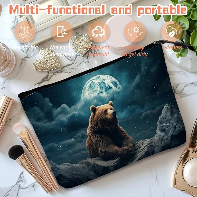 Scribesense Cosmetic Bags Travel Makeup Toilet Case Waterproof Pouch for Women Girls 6.7X9.45inches - Brown Bear on Rock Under A Starry Sky And Moon