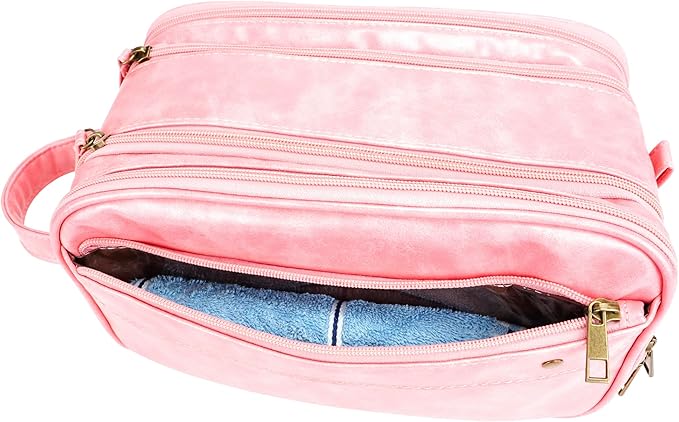COOSKY Travel Toiletry Bag for Women, Large Hanging Toiletries Organizer Bags for Men, Cruise Ship Essentials, Water-resistant Shaving Case, PU Leather Makeup Accessories, Cosmetic Dopp Kit, Pink