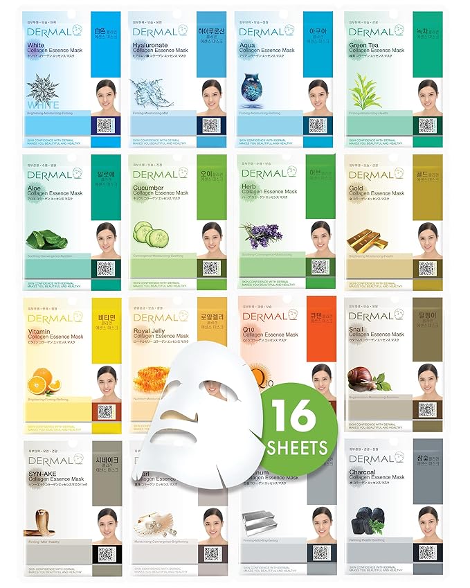 DERMAL 16 Collagen Korean Essence Sheet Mask Variety Pack, Aloe Cica & More