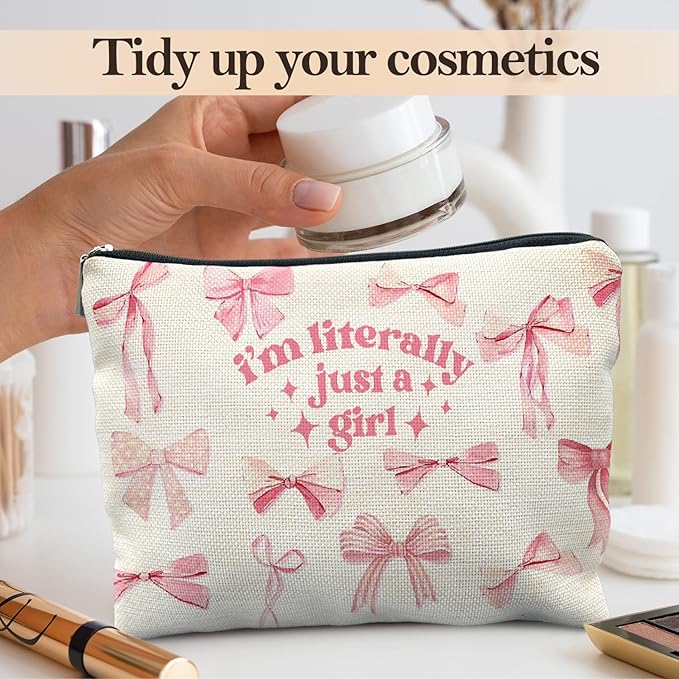 Likjad Coquette Pink Bow Makeup Bag, Preppy Bow Cosmetic Bags for Women, Girly Pink Makeup Pouch, Coquette Stuff, Trendy Preppy Bowknot Zipper Pouch