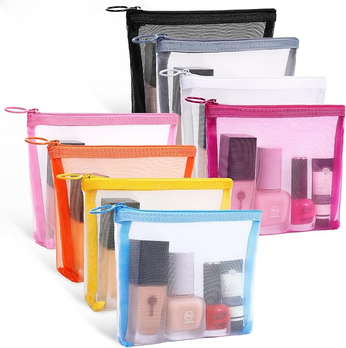 Fassave 8 Pack Mini Zipper Mesh Makeup Bags, Nylon Cosmetic Bags Toiletry Purse Travel Organizer Bags Inside Bag for Office Travel Organization (Widened-Multicolor, S)