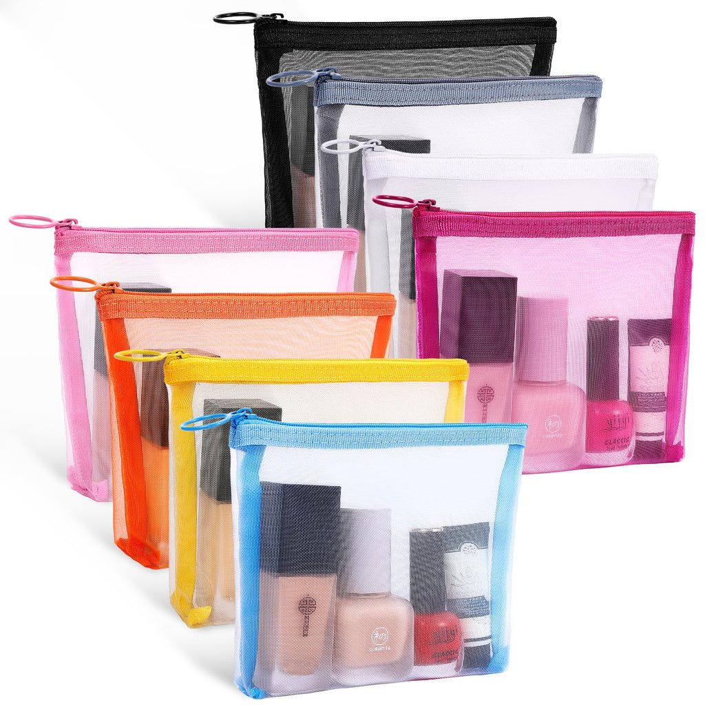 Fassave 8 Pack Mini Zipper Mesh Makeup Bags, Nylon Cosmetic Bags Toiletry Purse Travel Organizer Bags Inside Bag for Office Travel Organization (Widened-Multicolor, S)