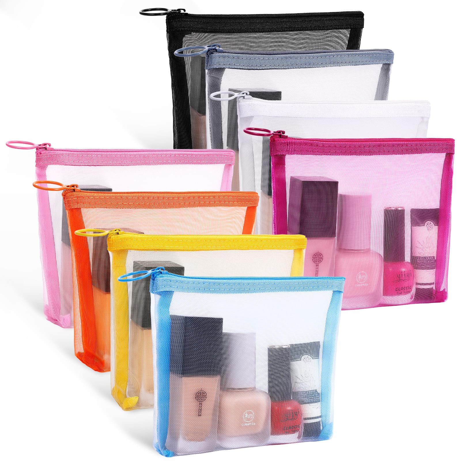 Fassave 8 Pack Mini Zipper Mesh Makeup Bags, Nylon Cosmetic Bags Toiletry Purse Travel Organizer Bags Inside Bag for Office Travel Organization (Widened-Multicolor, S)