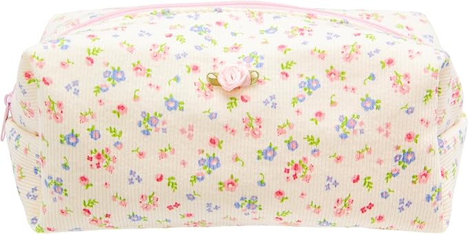 Cozy Makeup Bag for Women,Zipper Cosmetic Pouch,Ribbing Beige Floral