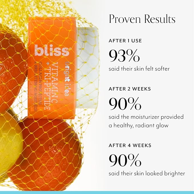Bliss Vitamin C + Tri-Peptide Brightening Face Moisturizer, Hydrating Cream for Radiance, Firm-Looking Skin, Collagen Support, Dark Spot Reduction, with Squalane + Niacinamide, Cruelty Free, 1.7 fl oz