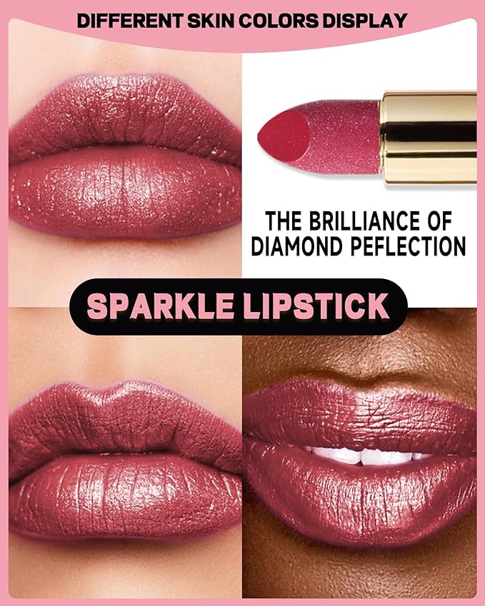 Caedelfly Glitter Metallic Rose Nude Shimmer Lipstick Long Lasting,Glitter Diamond Shine Red Lipstick Transfer Proof Non-Stick Lip Gloss Shimmer Highly Pigmented Full Coverage Lip Makeup for Women-05
